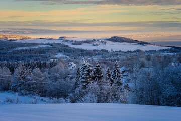 winter landscape with snow covered trees and fields with farms