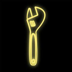 Bright luminous yellow industrial digital neon sign for shop workshop service center beautiful shiny with a wrench for repair on a black background. illustration