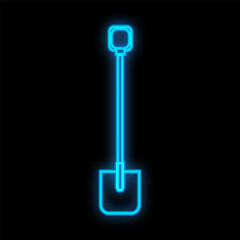 Bright luminous blue industrial digital neon sign for shop workshop service center beautiful shiny with a shovel for repair on a black background. illustration