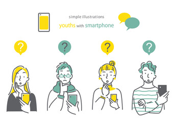 スマホを持って考えている人　男女４人セット　シンプルでお洒落な線画イラスト