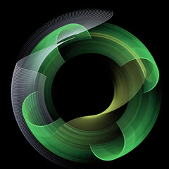 The green arched elements are arranged in a circle, intersected by wavy planes on a black background. Graphic design element. 3d rendering. 3d illustration. Sign, icon, symbol, logo.