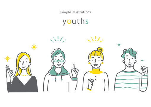 男女４人セット　笑顔　シンプルでお洒落な線画イラスト
