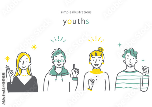 男女４人セット 笑顔 シンプルでお洒落な線画イラスト Wall Mural Fumipokkur