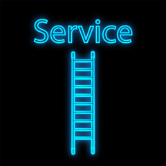 Bright luminous blue industrial digital neon sign for shop workshop service center beautiful shiny with stairs for repair on a black background. illustration