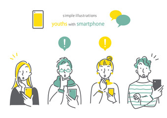 スマホを持っている人　ひらめき　男女４人セット　シンプルでお洒落な線画イラスト