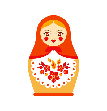 Babushka-matryoshka, traditional Russian wooden nesting doll decorated by painted flowers. Folk arts and crafts. Vector illustration in cartoon style isolated on white background. Nice Retro Souvenir