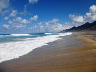 Waves along a beach with blue sky and white clouds