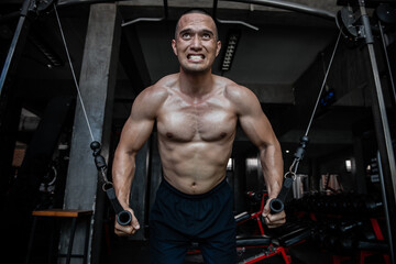 Fototapeta na wymiar Portrait of asian man big muscle at the gym,Thailand people,Workout for good healthy,Body weight training,Fitness at the gym concept,Prank to abdominal muscles,Pull sling