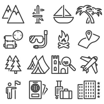 Travel icons set. Includes icons for recreation, travel, accommodation, tourist routes. 16 simple line images. Isolated vector on white background.