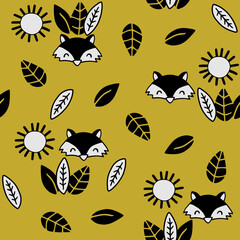 Cute foxes in sunny leaves seamless pattern