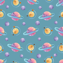 Seamless pattern with watercolor planets on a blue background. Cute childish space pattern.