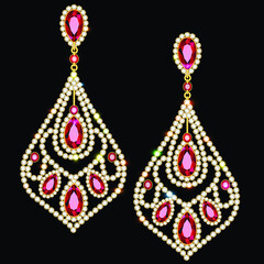 Illustration of gold jewelry earrings with ruby and precious stones