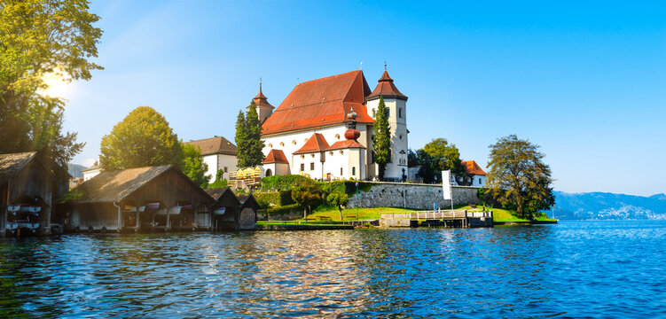 View to the monastery in Traunkirchen am Traunsee, Austria