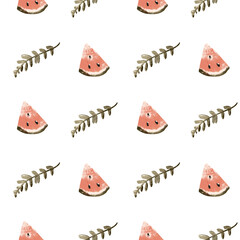 Kawaii summer trending seamless square pattern exotic tropical watermelon isolate on white background. Flat textured digital art. Print for fabric, wrapping paper, packaging, notebooks, banner