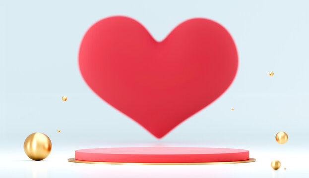 Valentine's day abstract background with red hearts and podium showcase for product presentation. February 14, love. Romantic wedding greeting card. Women's, Mother's day. 3d rendering.