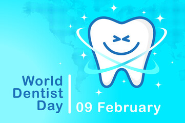 Banner World Dentist Day. Tooth symbol with a cute smile on the background of the card on a blue background. Vector, illustration
