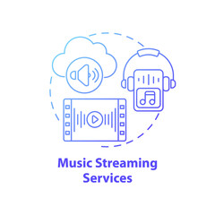 Music streaming services concept icon. New media idea thin line illustration. Songs downloading for offline playback. Uploading music collection to cloud. Vector isolated outline RGB color drawing