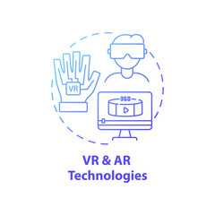 VR and AR technologies concept icon. New media example idea thin line illustration. Augmented and virtual reality. Adding digital elements to live view. Vector isolated outline RGB color drawing