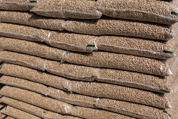 A pile of well-arranged sacks full of pellets