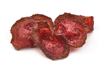 Fried sausage slices, isolated on white background