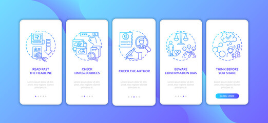 Fake news checking tips onboarding mobile app page screen with concepts. Past headline, confirmation bias walkthrough 5 steps graphic instructions. UI vector template with RGB color illustrations