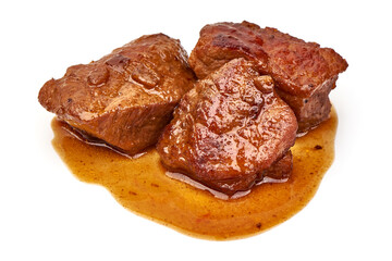 Meat stew, goulash with sauce, isolated on white background