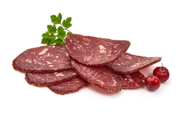Dry sausage slices, cured sausages, isolated on white background