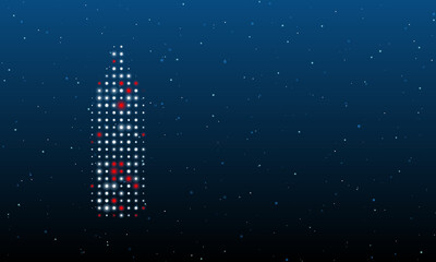 On the left is the plastic bottle symbol filled with white dots. Background pattern from dots and circles of different shades. Vector illustration on blue background with stars