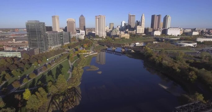 Drone Video Shot of Ohio State Capital Columbus City Buildings, Bridges, Scioto River Mile Park, Infrastructure, Offices, Skyscrapers, and Apartments