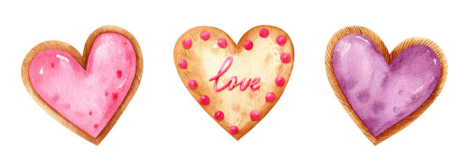 Valentine's day watercolor set with heart shaped desserts. Cookies with fruit filling and festive decor. Hand-drawn illustration. Perfect for your project, cards, prints, covers, menu, patterns.