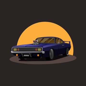 Illustration of Retro american muscle car supercharger turbo with sunset on background concept in cartoon vector