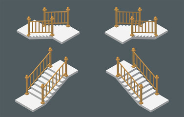 Isometric vector illustration modern concrete staircases for exterior or interior isolated on dark background. Set of steps or stairs in different positions vector icons in flat cartoon style.