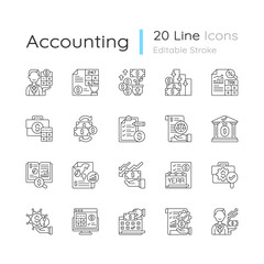 Accounting linear icons set. Business controlling methods. Accounting software for your company. Customizable thin line contour symbols. Isolated vector outline illustrations. Editable stroke