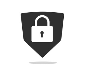 Secure shield lock shape silhouette as data protection icon pictogram vector sign illustration, safe privacy sign black and white monochrome design, protected internet access insignia