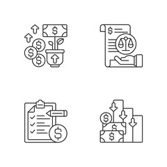 Accounting linear icons set. Increasing cash assets of your business. Mananging bank account of company. Customizable thin line contour symbols. Isolated vector outline illustrations. Editable stroke