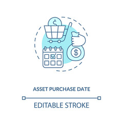 Asset purchase date concept icon. Assets inventory element idea thin line illustration. Investment support. Posting transactions. Vector isolated outline RGB color drawing. Editable stroke