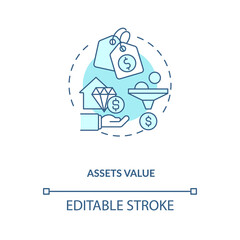 Assets valuation concept icon. Assets inventory element idea thin line illustration. Subjective, objective measurements. Identifying price. Vector isolated outline RGB color drawing. Editable stroke