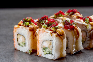 Sushi set roll with eel, Philadelphia cheese, and rice