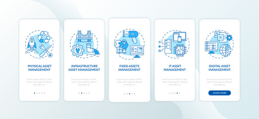 Asset management kinds onboarding mobile app page screen with concepts. Physical and infrastructure control walkthrough 5 steps graphic instructions. UI vector template with RGB color illustrations
