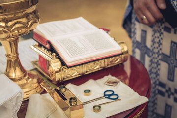 Orthodox church interior. Orthodox church christening ceremony.