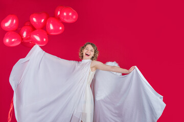 Valentines day woman cupid. Angel girl with balloons. Cupid in valentine day. Female cupid....