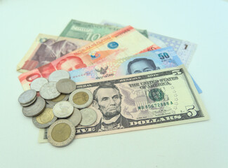 Currency from different countries. Bills and Coins.  Payments around the world. Worldwide economy concept