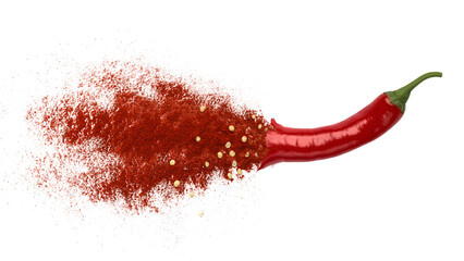 Isolated chili pepper on white background. Exploding pepper. Paprika. Spice. Hot pepper turns into...