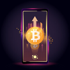 Bitcoin trade growth and dollar sign on a smartphone with a clean and dark background in vector art