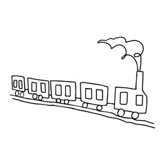 Beautiful hand-drawn black vector illustration of toy train with four wagons isolated on a white background for coloring book for children