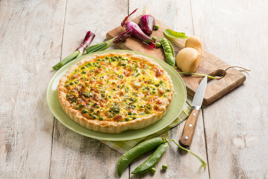 savory cake with green peas onion and scamorza cheese