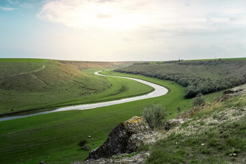 Natural background. View of Reut (Raut) river. Landscape of nature of Moldova in sunny day.