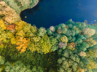 Naklejka na ściany i meble Ujęcia lasu oraz jeziora jesienną porą z drona. 