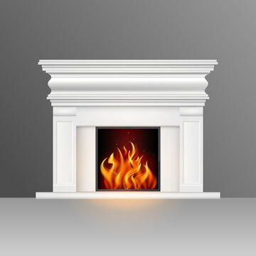 White fireplace with natural fire in a classic style. Element of the interior of the living room. Vector illustration