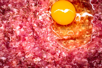 Surowe mielone mięso wieprzowe a na nim rozbite jajko. Wszystko przyprawione solą i pieprzem.  - obrazy, fototapety, plakaty